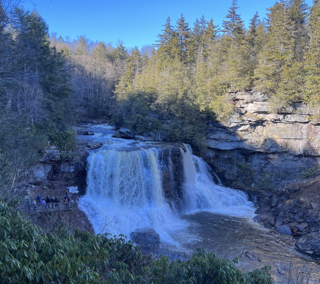 Eye-catching view from the overlook of the rushing waterfall and "blackwater" at the Blackwater Falls State Park in W.V.